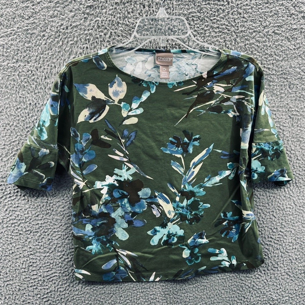 Chicos Women Floral Knit Top Green Small‎ Short Sleeve Casual Capsule Everyday